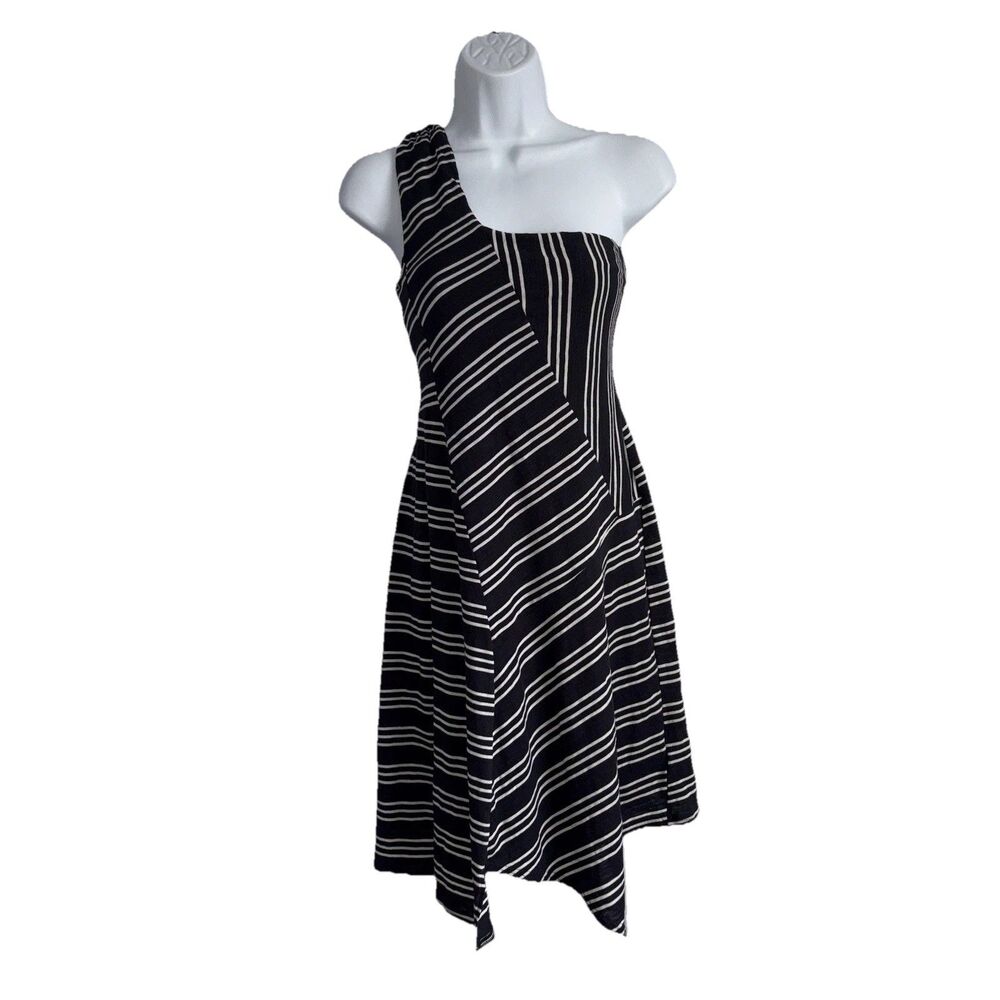Maeve Anthropologie Dress Black White Striped Moka One Shoulder Women's Size XXS